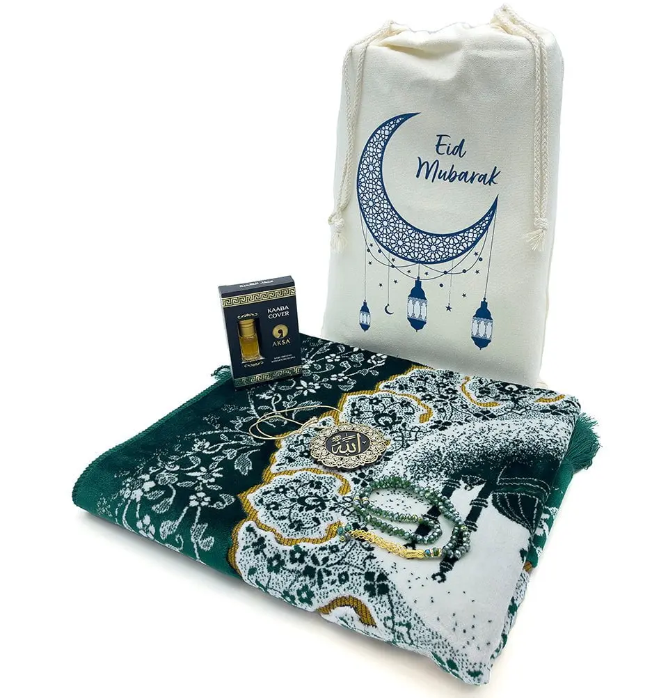 Eid Mubarak Gift Bag Set with Prayer Mat, Prayer Beads, Car Hanger, & Rollerball Perfume - Green image 1