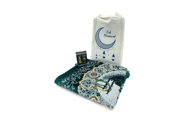 Eid Mubarak Gift Bag Set with Prayer Mat, Prayer Beads, Car Hanger, & Rollerball Perfume - Green image
