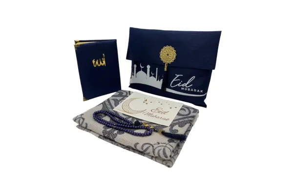 Eid Mubarak Gift Set - Prayer Rug, Dua Book and Prayer Beads in Satin Bag - Blue image