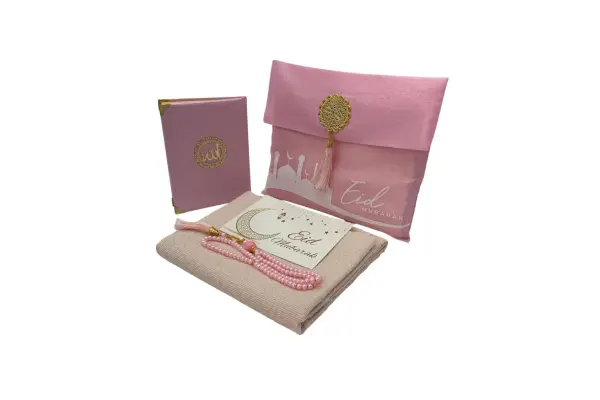 Eid Mubarak Gift Set - Prayer Rug, Dua Book and Prayer Beads in Satin Bag - Pink image