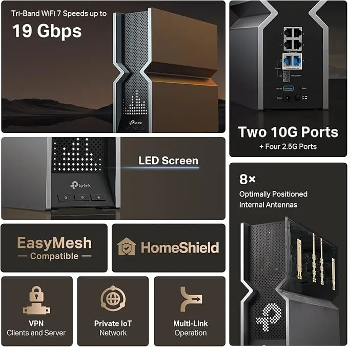 TP-Link Tri-Band BE19000 WiFi 7 Router (Archer BE800) | 12-Stream 19 Gbps | 2 × 10G + 4 × 2.5G Ports | LED Screen | 8 High-Performance Antennas | VPN, Easy Mesh, 4×4 MU-MIMO, HomeShield, Private IoT image 3