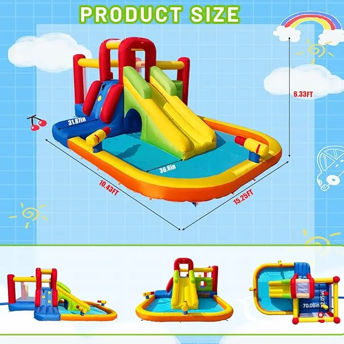 Bounce House Inflatable Water Slide for Kids, Water Park With Splash Pool, Double Cannon, 2 Climbing Walls, Obstacles, Blow Up Jumping Castle With Blower image 1