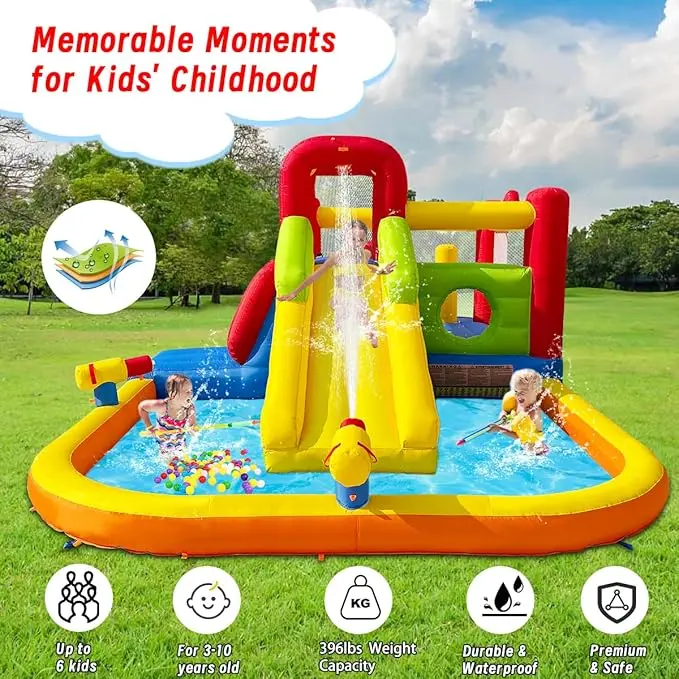 Bounce House Inflatable Water Slide for Kids, Water Park With Splash Pool, Double Cannon, 2 Climbing Walls, Obstacles, Blow Up Jumping Castle With Blower image 4