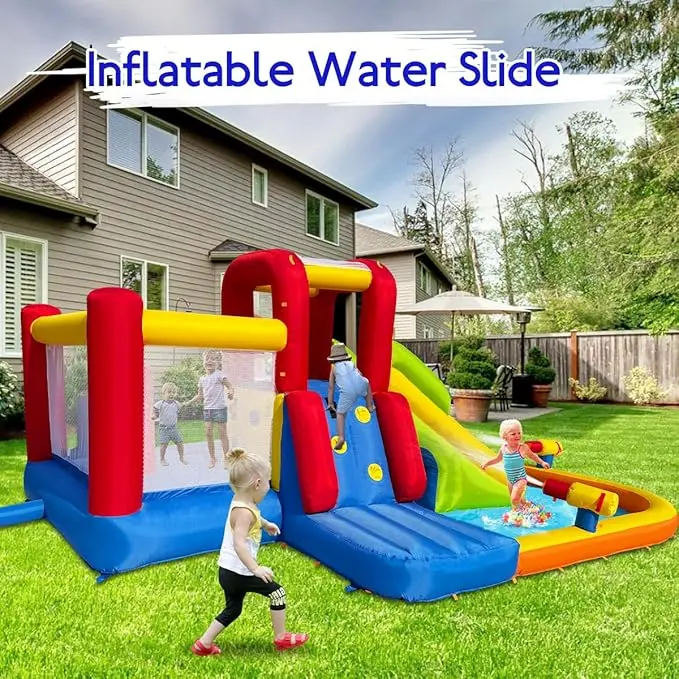Bounce House Inflatable Water Slide for Kids, Water Park With Splash Pool, Double Cannon, 2 Climbing Walls, Obstacles, Blow Up Jumping Castle With Blower image 5