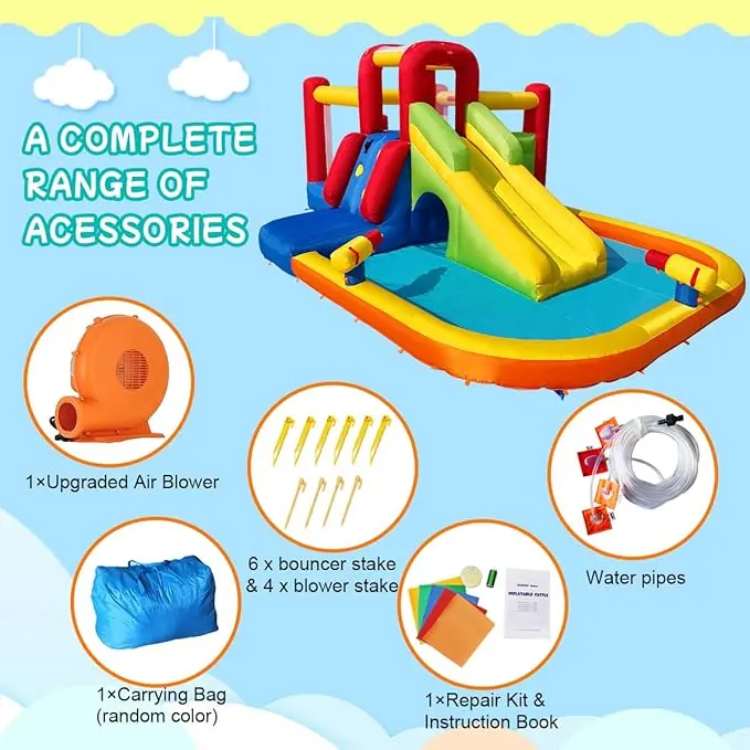 Bounce House Inflatable Water Slide for Kids, Water Park With Splash Pool, Double Cannon, 2 Climbing Walls, Obstacles, Blow Up Jumping Castle With Blower image 7