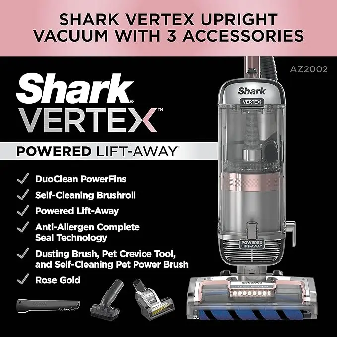 Shark AZ2002 Vertex Powered Lift-Away Upright Vacuum with DuoClean PowerFins, Self-Cleaning Brushroll, Large Dust Cup, Pet Crevice Tool, Dusting Brush & Power Brush, Silver/Rose Gold image 4
