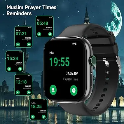 Islamic Quran Watch for Muslim Men, 2.02" KDN Certification Azan Watch with 114 Full Quran Recitation, Prayer Times Reminders, Daily Azkar, Hijri Calendar, Bluetooth Call, IP68 image 5