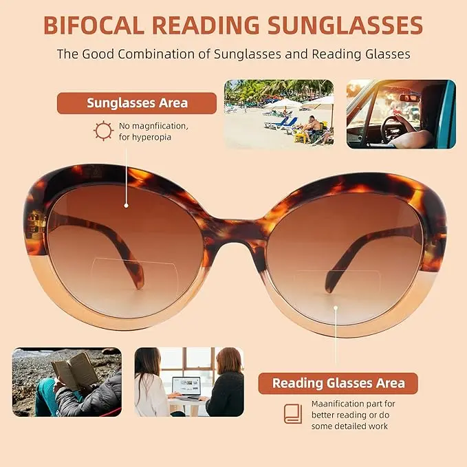 2 Pack Bifocal Reading Sunglasses for Women,Fashion Round Bifocus Sun Readers UV400 image 5