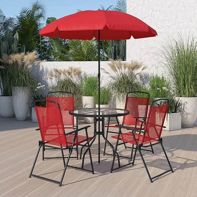 Flash Furniture Nantucket 6 Piece Red Patio Garden Set with Table, Umbrella and 4 Folding Chairs image 1