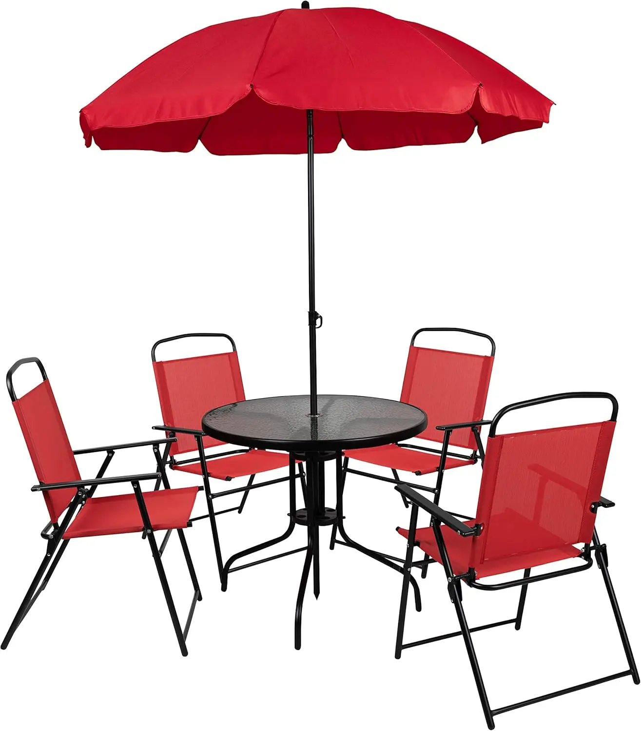 Flash Furniture Nantucket 6 Piece Red Patio Garden Set with Table, Umbrella and 4 Folding Chairs image 2