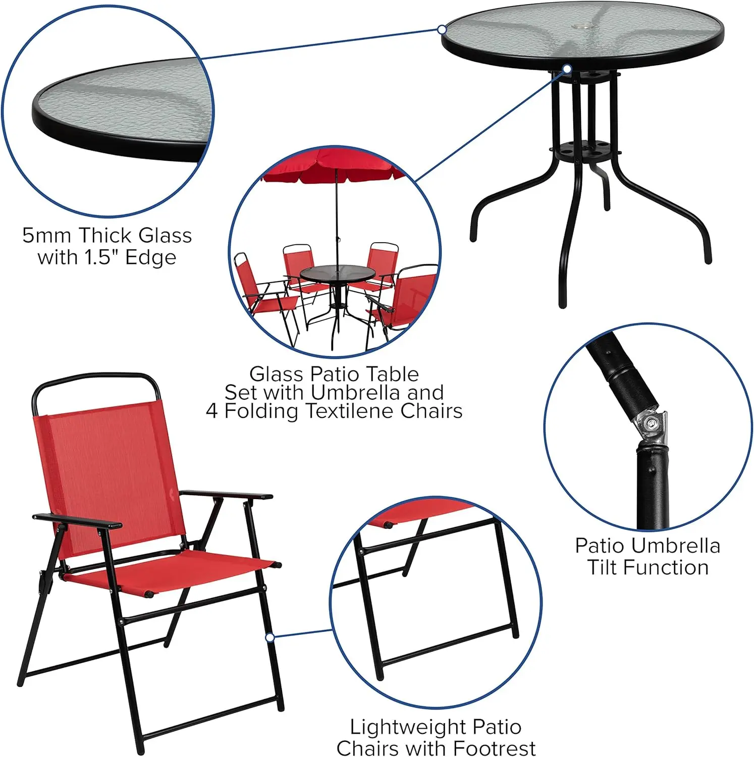 Flash Furniture Nantucket 6 Piece Red Patio Garden Set with Table, Umbrella and 4 Folding Chairs image 3