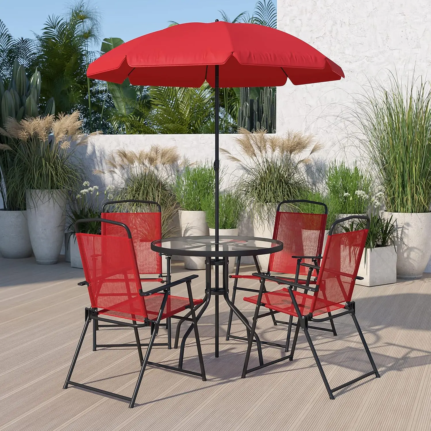Flash Furniture Nantucket 6 Piece Red Patio Garden Set with Table, Umbrella and 4 Folding Chairs image