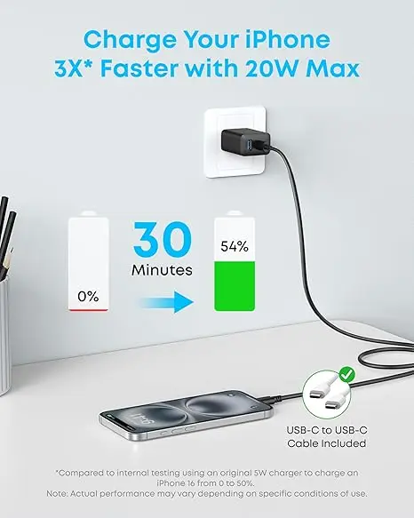Anker iPhone 16 Charger, 2-Pack 20W Fast USB C Charger Block, for iPhone 16/16 Pro Max/15 Series/iPad Pro and More (Black, 2 Pack & 2 Cable) image 4