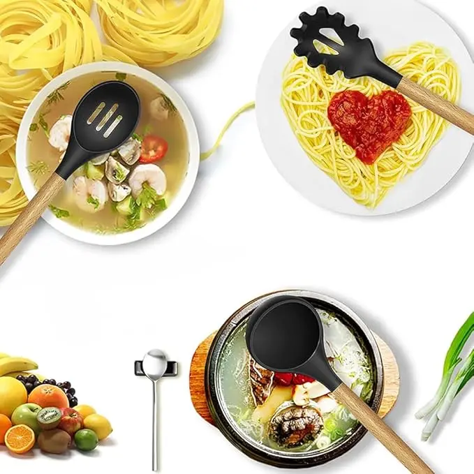 15-Piece Silicone Wooden Handle Kitchen Utensils Set, Cooking Tools with Holder, Kitchen Gadgets for Non-Stick Cookware image 2