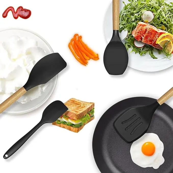 15-Piece Silicone Wooden Handle Kitchen Utensils Set, Cooking Tools with Holder, Kitchen Gadgets for Non-Stick Cookware image 4