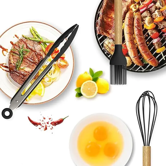 15-Piece Silicone Wooden Handle Kitchen Utensils Set, Cooking Tools with Holder, Kitchen Gadgets for Non-Stick Cookware image 5
