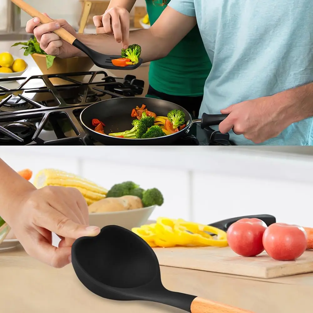 15-Piece Silicone Wooden Handle Kitchen Utensils Set, Cooking Tools with Holder, Kitchen Gadgets for Non-Stick Cookware image 7