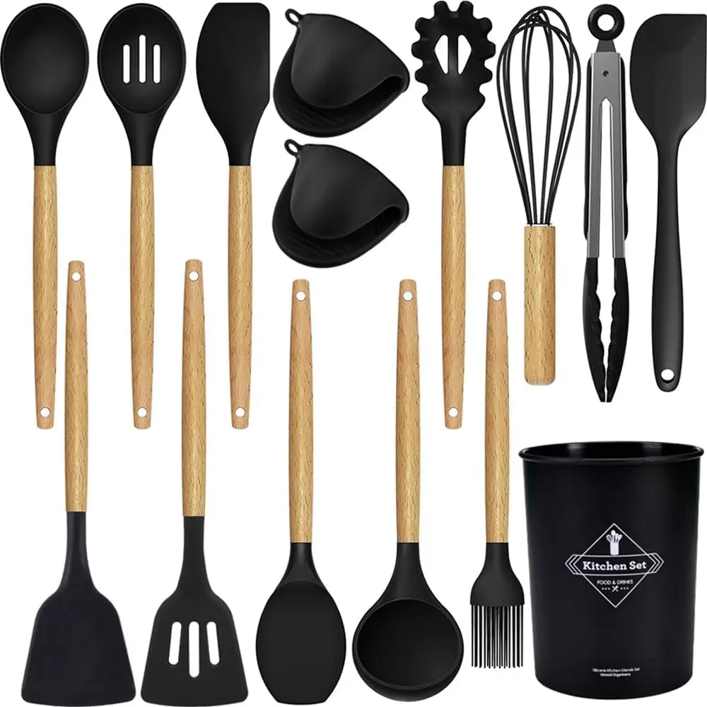 15-Piece Silicone Wooden Handle Kitchen Utensils Set, Cooking Tools with Holder, Kitchen Gadgets for Non-Stick Cookware image 8