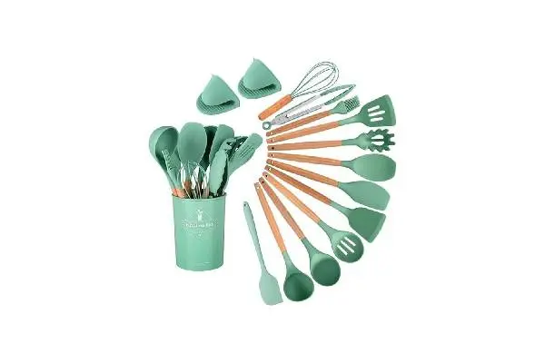 15-Piece Silicone Wooden Handle Kitchen Utensils Set, Cooking Tools with Holder, Kitchen Gadgets for Non-Stick Cookware image