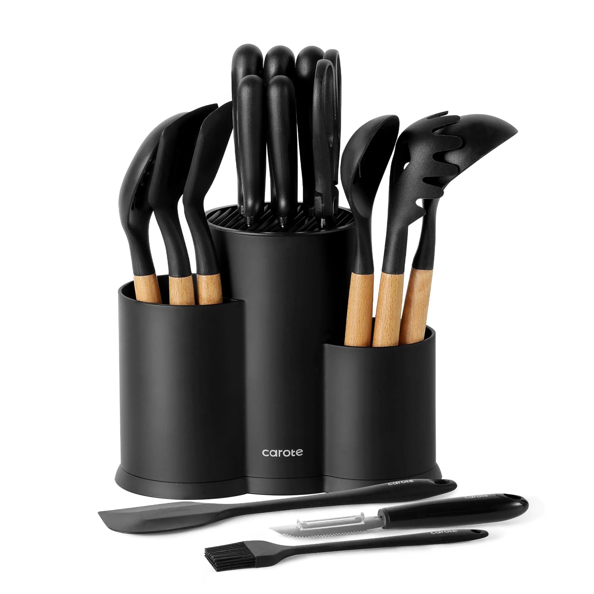 Carote 16Pcs Kitchen Knife Set with Cooking Utensil Set and Gadgets, Stainless Steel Blade, Black image 1