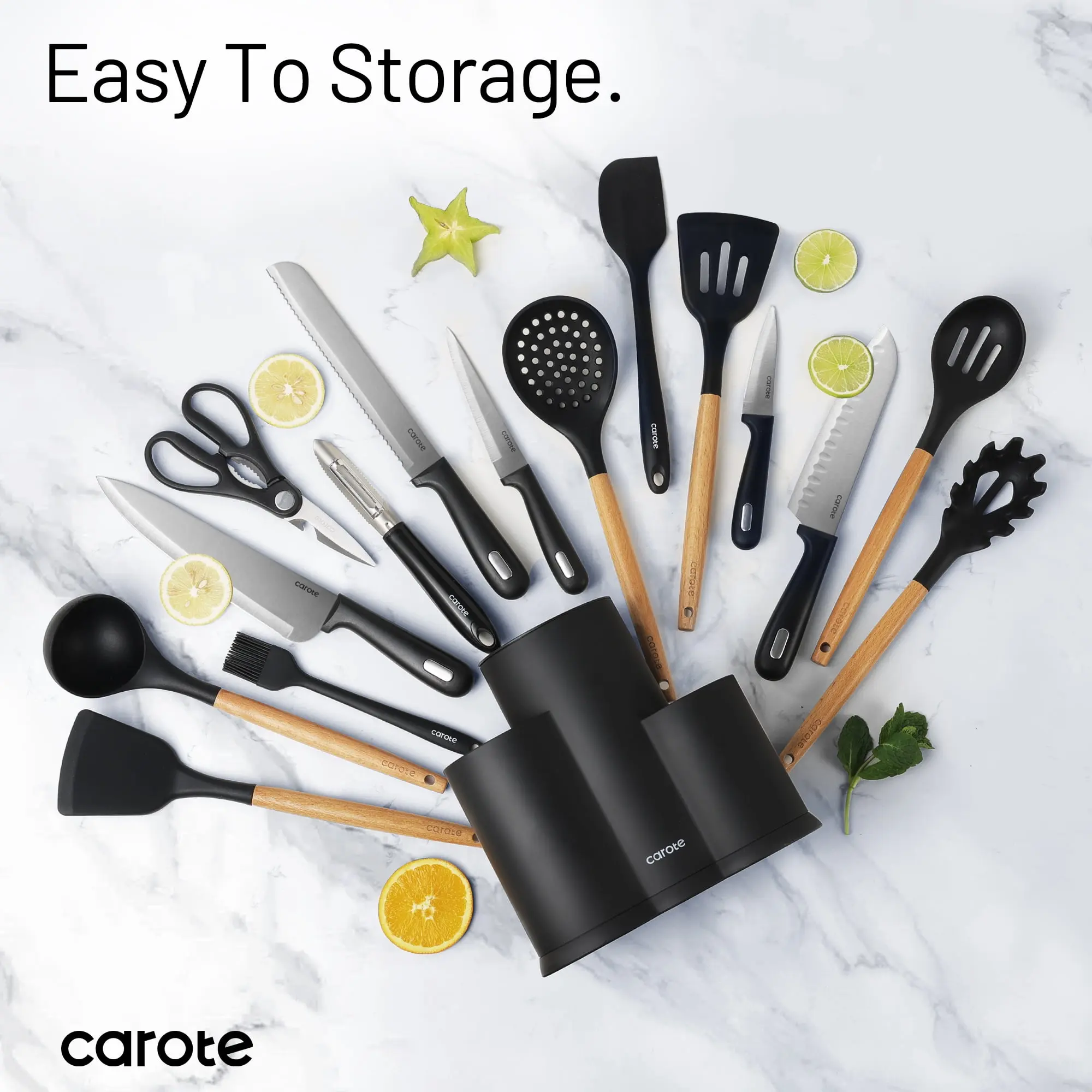 Carote 16Pcs Kitchen Knife Set with Cooking Utensil Set and Gadgets, Stainless Steel Blade, Black image 4