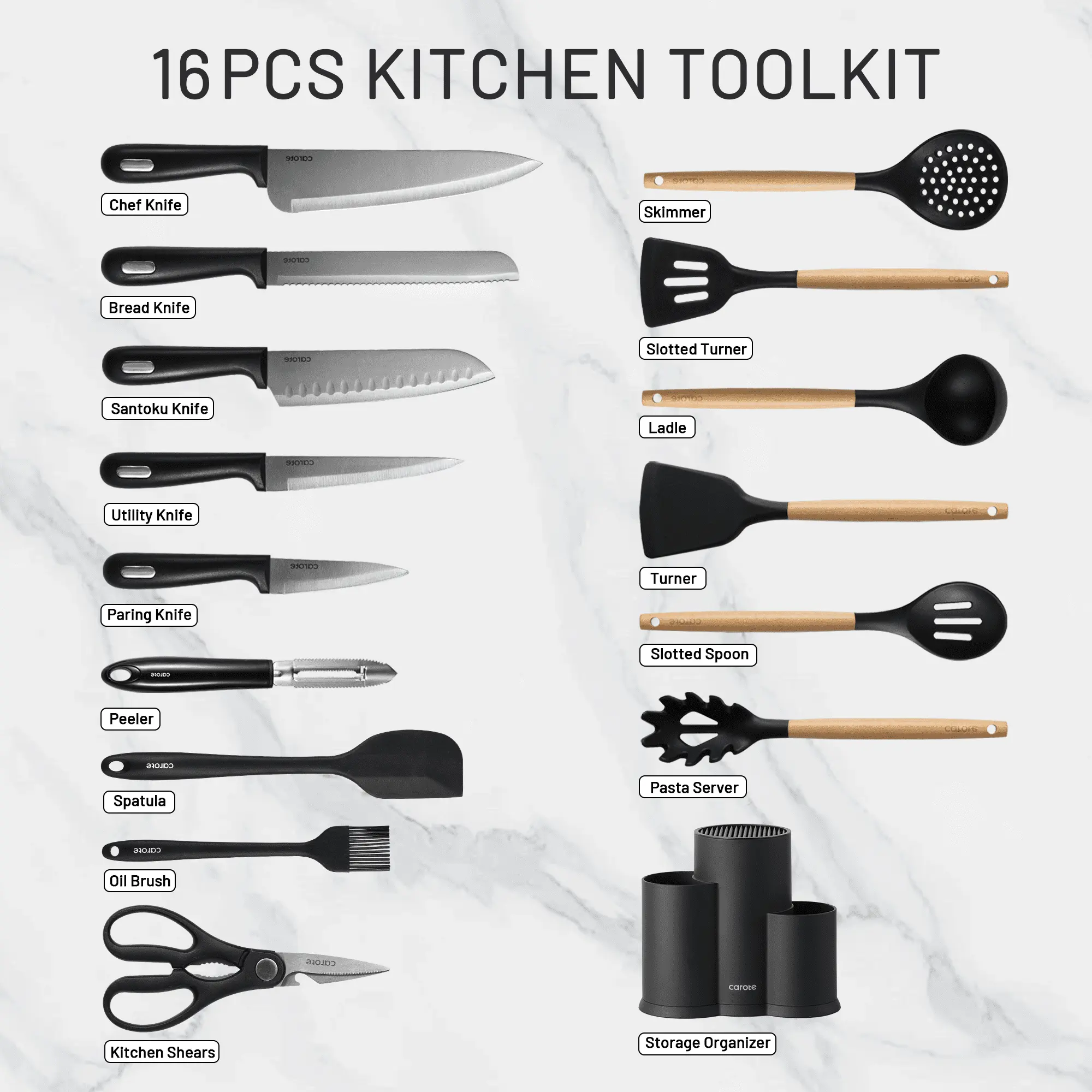 Carote 16Pcs Kitchen Knife Set with Cooking Utensil Set and Gadgets, Stainless Steel Blade, Black image 8