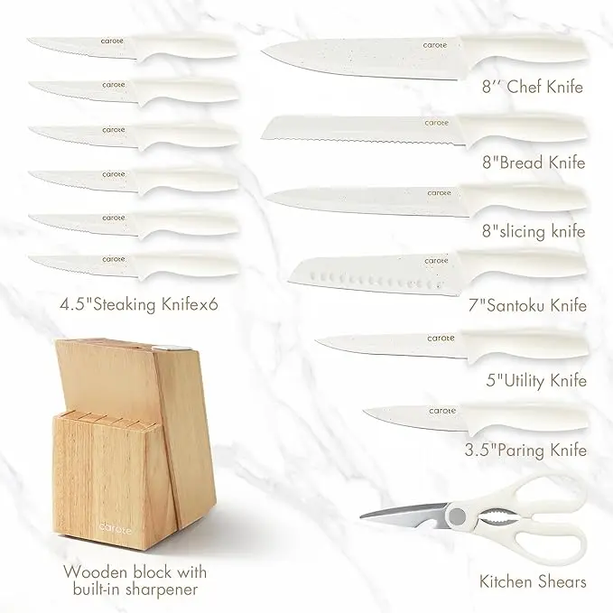 CAROTE 15Piece Knife Set, Kitchen Knife Block Set, Elegant White Ceramic-Coated Blades with Stylish Wooden Block for Modern Culinary Excellence image 2