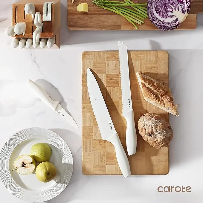 CAROTE 15Piece Knife Set, Kitchen Knife Block Set, Elegant White Ceramic-Coated Blades with Stylish Wooden Block for Modern Culinary Excellence image 4