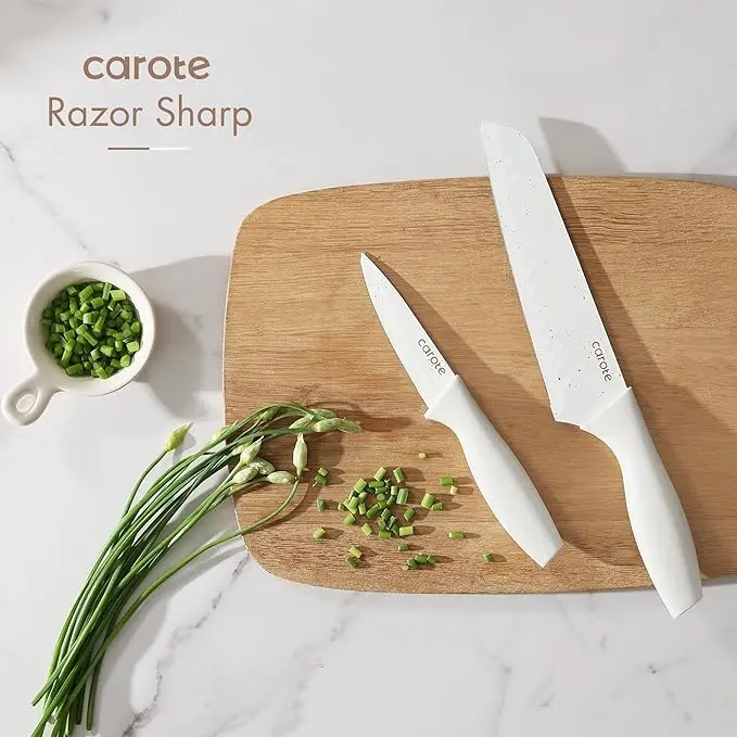 CAROTE 15Piece Knife Set, Kitchen Knife Block Set, Elegant White Ceramic-Coated Blades with Stylish Wooden Block for Modern Culinary Excellence image 5