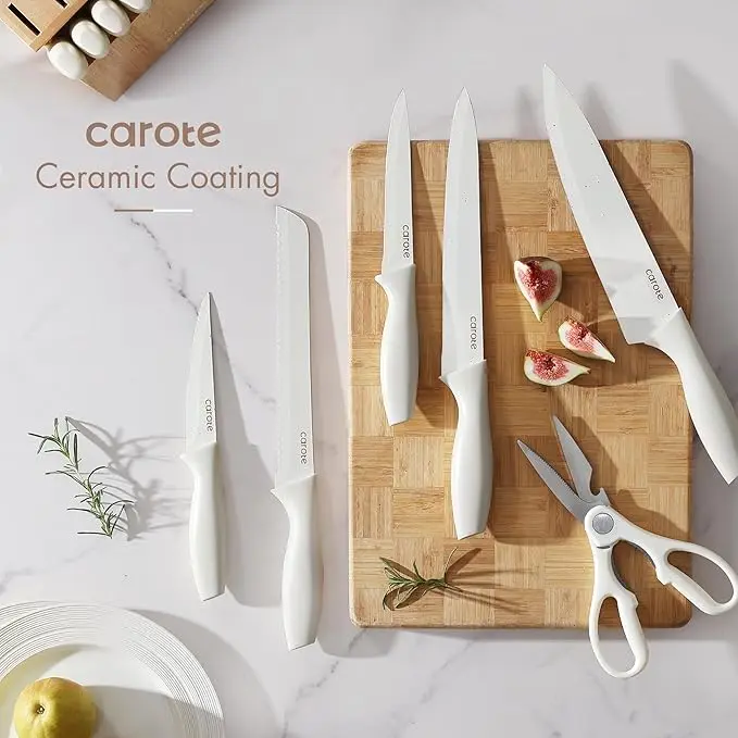 CAROTE 15Piece Knife Set, Kitchen Knife Block Set, Elegant White Ceramic-Coated Blades with Stylish Wooden Block for Modern Culinary Excellence image 6