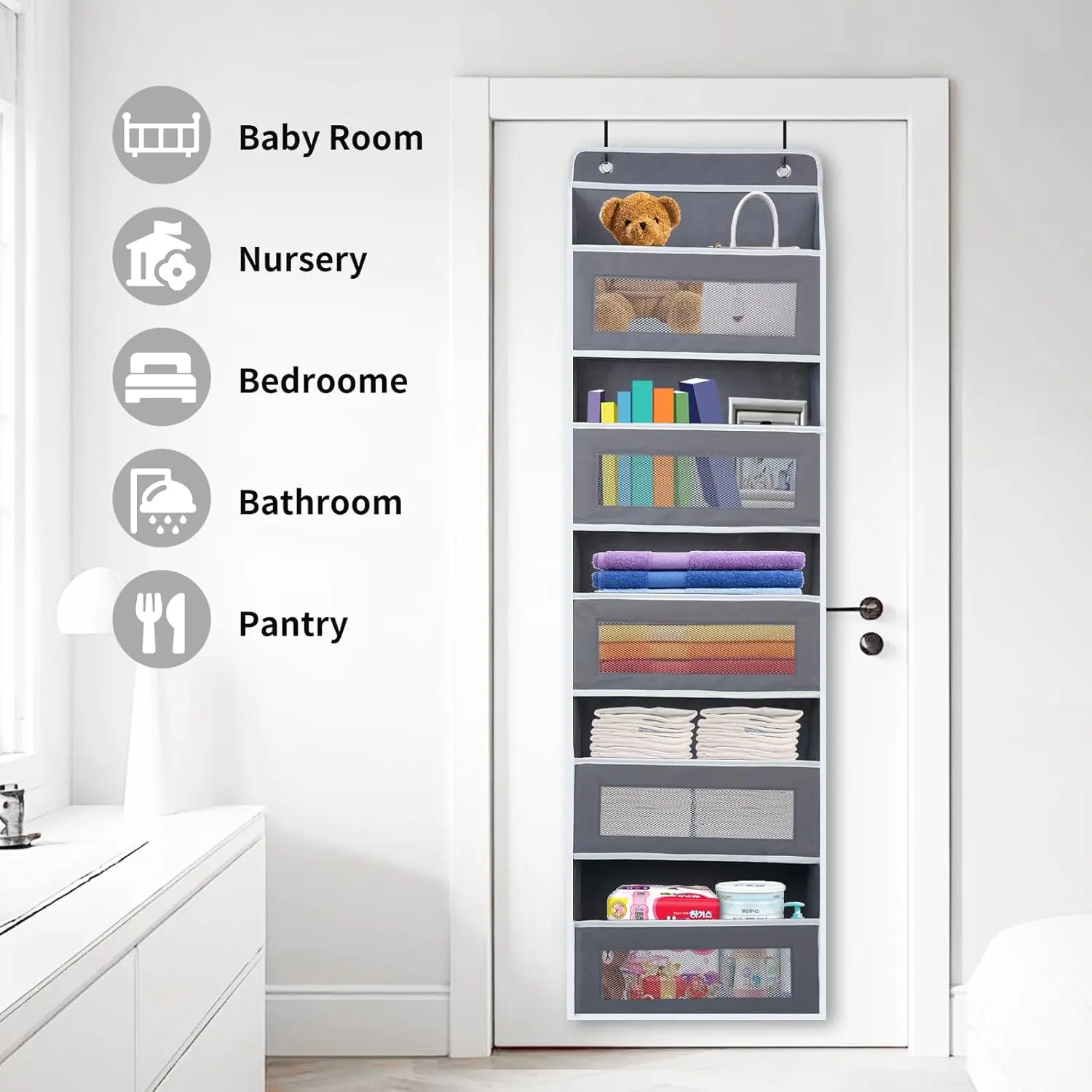 Over the door organizer, Bathroom Organizers and Storage 5 Shelf Hanging with 10 Mesh Side Pockets, Stuffed Animal Storage for Pantry Laundry Bathroom Nursery Closet Baby Essential image 7