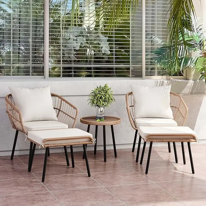 YITAHOME 5-Piece Outdoor Wicker Furniture Set, All-Weather Patio Bistro Set with Footrest, Small Patio Conversation Set for Balcony Outside, Outdoor Chairs with Ottomans and Coffee Table image 1