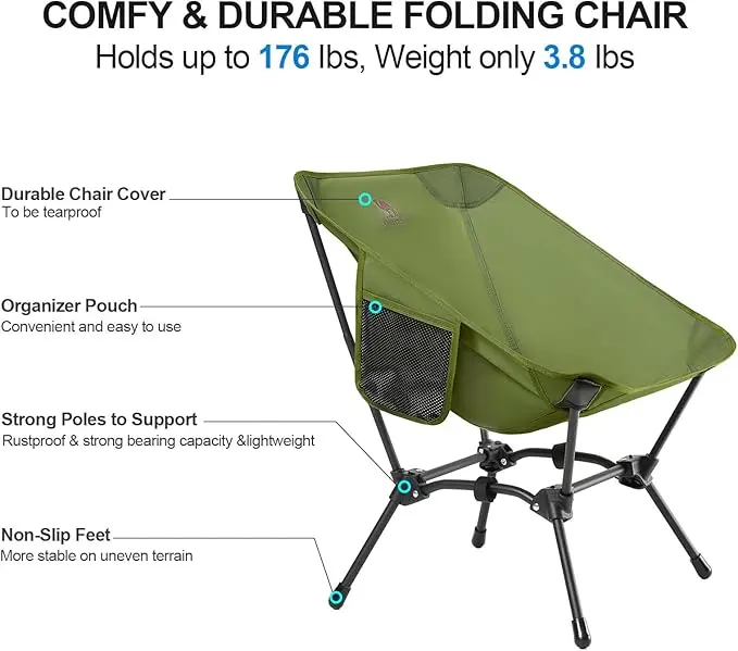 CAMEL CROWN Folding Camping Chair, Lightweight Portable Compact Lawn Chair with Side Pocket for Outdoor Travel Beach Picnic Hiking Backpacking Army Green image 5