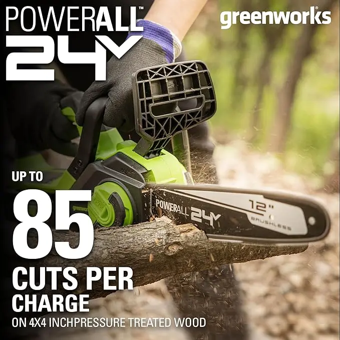 Greenworks 24V 12" Brushless Cordless Compact Chainsaw (Great For Storm Clean-Up, Pruning, and Firewood / 125+ Compatible Tools), 4.0Ah Battery and Charger Included image 2