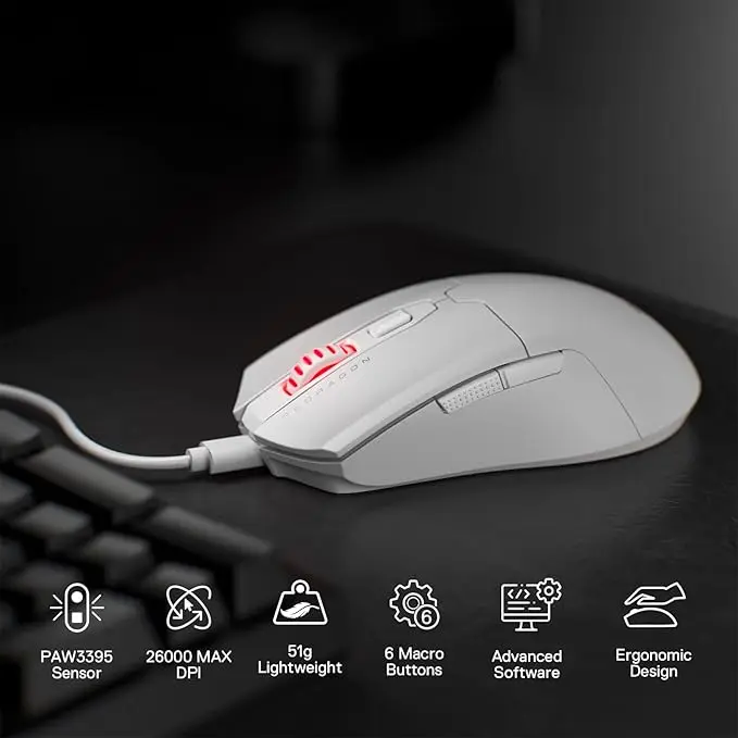 Redragon M995 Wired Gaming Mouse, 26000 DPI Optical Gamer Mouse with 6 Programmable Buttons & 5 Backlit Modes, 51G Ultra Lightweight, Software Supports DIY Keybinds, White image 2