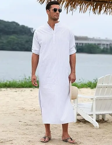 TURETRENDY Men's Long Sleeve Kaftan Thobe Button Down Henley Robe Casual Side Split Gown Shirt with Pocket image 3