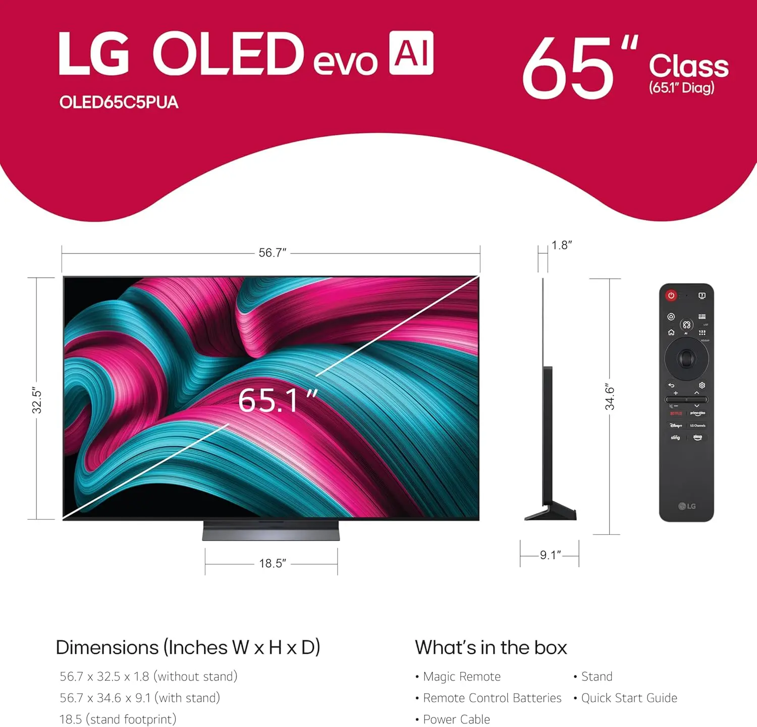 LG 65-Inch Class OLED evo AI 4K C5 Series Smart TV w/Dolby Atmos, Dolby Vision, HDR10, AI Super Upscaling 4K, Filmmaker Mode, Wow Orchestra, Alexa Built-in (OLED65C5PUA, 2025) image 2