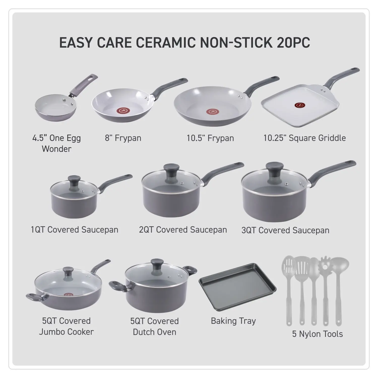 T-fal Easy Care Ceramic, 20 Piece Pots and Pans Cookware Set, Stone Grey image 2