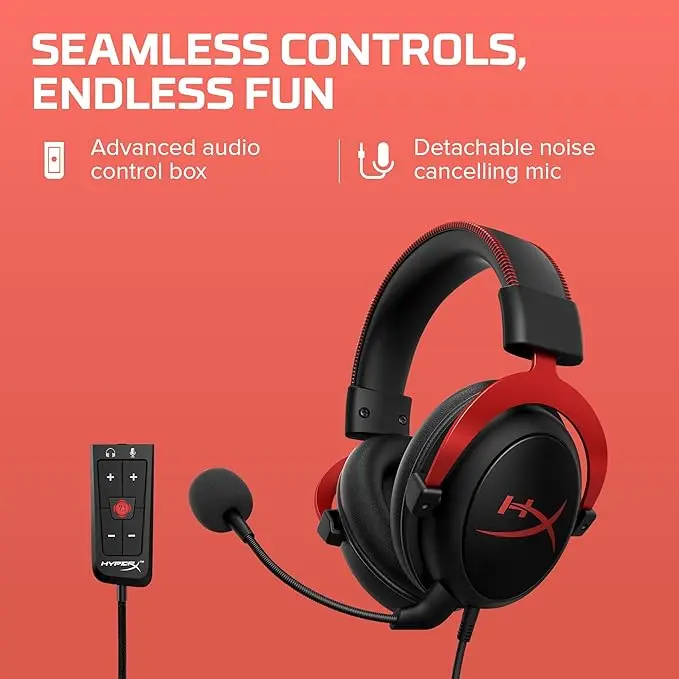 HyperX Cloud II - Gaming Headset, 7.1 Surround Sound, Memory Foam Ear Pads, Durable Aluminum Frame, Detachable Microphone, Works with PC, PS5, PS4, Xbox Series X|S, Xbox One – Red image 4