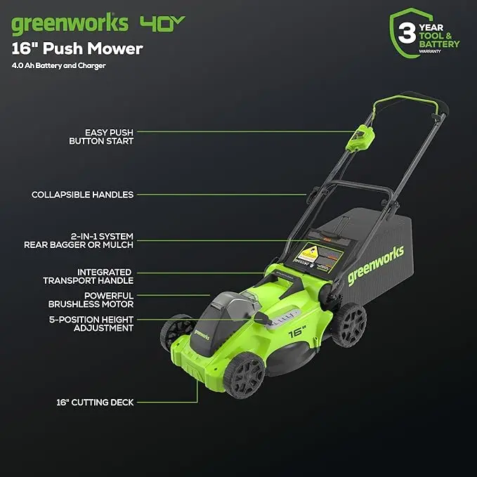Greenworks 40V 16" Brushless Cordless (Push) Lawn Mower (75+ Compatible Tools), 4.0Ah Battery and Charger Included image 2
