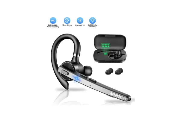 New Bee Bluetooth Headphones,V5.1 Wireless Bluetooth Earpiece, 72H Talk Time, 500mAh Charging Case, ENC Dual Mic, Dual Device Connect, Ear Hook Design, USB-C/Wireless Charging, for Work/Driving/Calls image