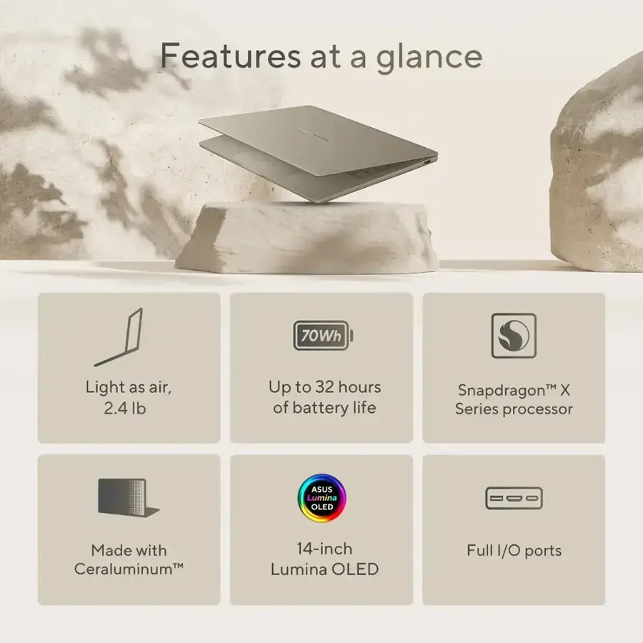 ASUS - Zenbook A14 14" FHD+ OLED Laptop - Copilot+ PC - Qualcomm Snapdragon X Plus - 16GB RAM - 512GB SSD - Zabriskie Beige image 2