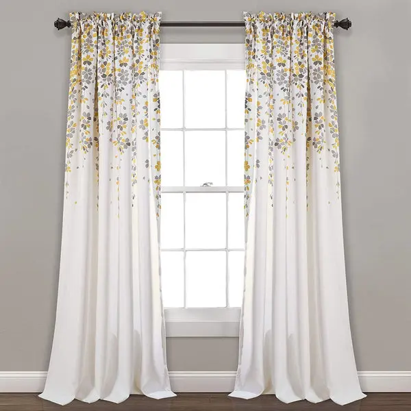 Weeping Flowers Room Darkening Curtain Panel Pair - 84 Inches Long - Yellow/Grey image 1