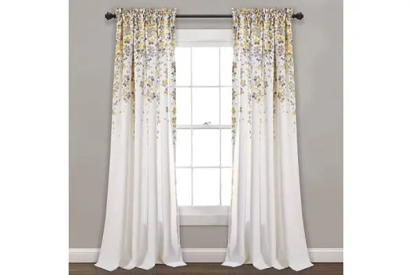 Weeping Flowers Room Darkening Curtain Panel Pair - 84 Inches Long - Yellow/Grey image