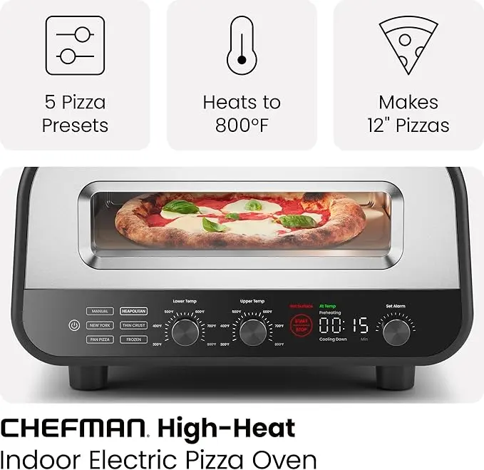 CHEFMAN Indoor Pizza Oven - Makes 12 Inch Pizzas in Minutes, Heats up to 800°F - Countertop Electric Pizza Maker with 5 Touchscreen Presets, Pizza Stone and Peel Included - Stainless Steel image 2