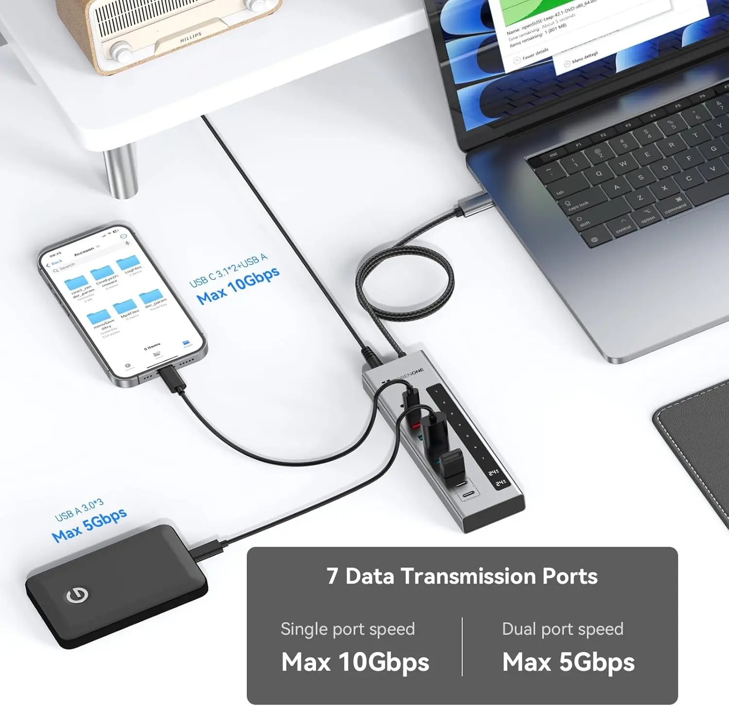 TobenONE Powered USB C Hub, 11-in-1 10Gbps USB C Splitter with 5 USB-A and 5 USB-C, 72W Adapter, 100W PD-IN, 45W USB C Charging Port, USB C Expander for Laptop/PC, MacBook, iPad,Phone(Not for Monitor) image 3