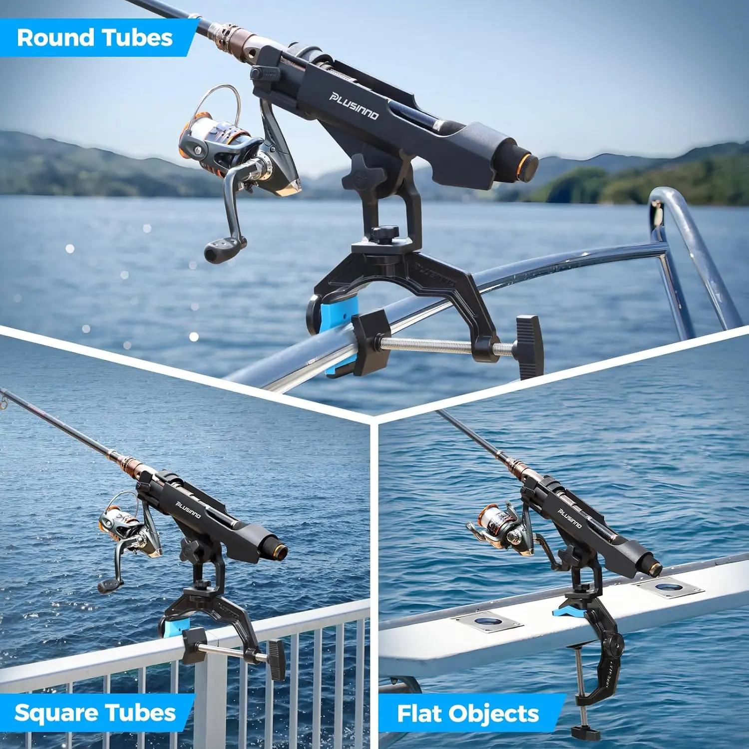 PLUSINNO 1/2/4 Pack Fishing Rod Holders for Boat, Fishing Rod Holder with Enlarge Clamp, Innovative Dual-V Shaped Design, Fit Round/Square Tube Boat Fishing, Fishing Gear, Fishing Gifts for Men image 3
