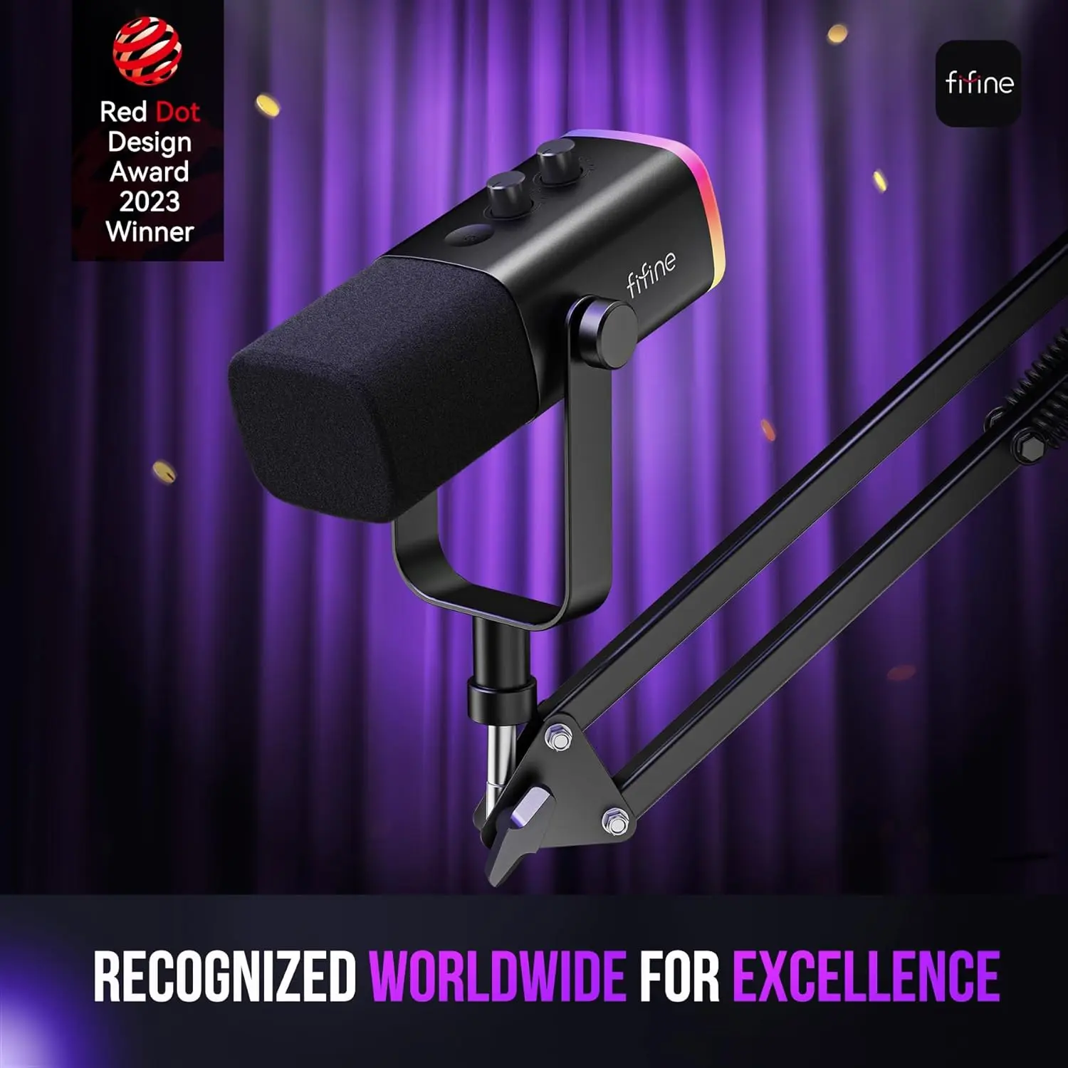 FIFINE XLR/USB Gaming Microphone Set, Dynamic PC Mic for Streaming Podcasting, Computer RGB Mic Kit with Boom Arm Stand, Mute Button, Headphones Jack, for Recording Vocal Voice-Over-AmpliGame AM8T image 2