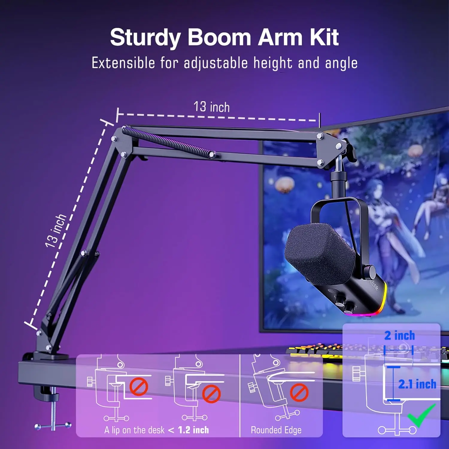 FIFINE XLR/USB Gaming Microphone Set, Dynamic PC Mic for Streaming Podcasting, Computer RGB Mic Kit with Boom Arm Stand, Mute Button, Headphones Jack, for Recording Vocal Voice-Over-AmpliGame AM8T image 6