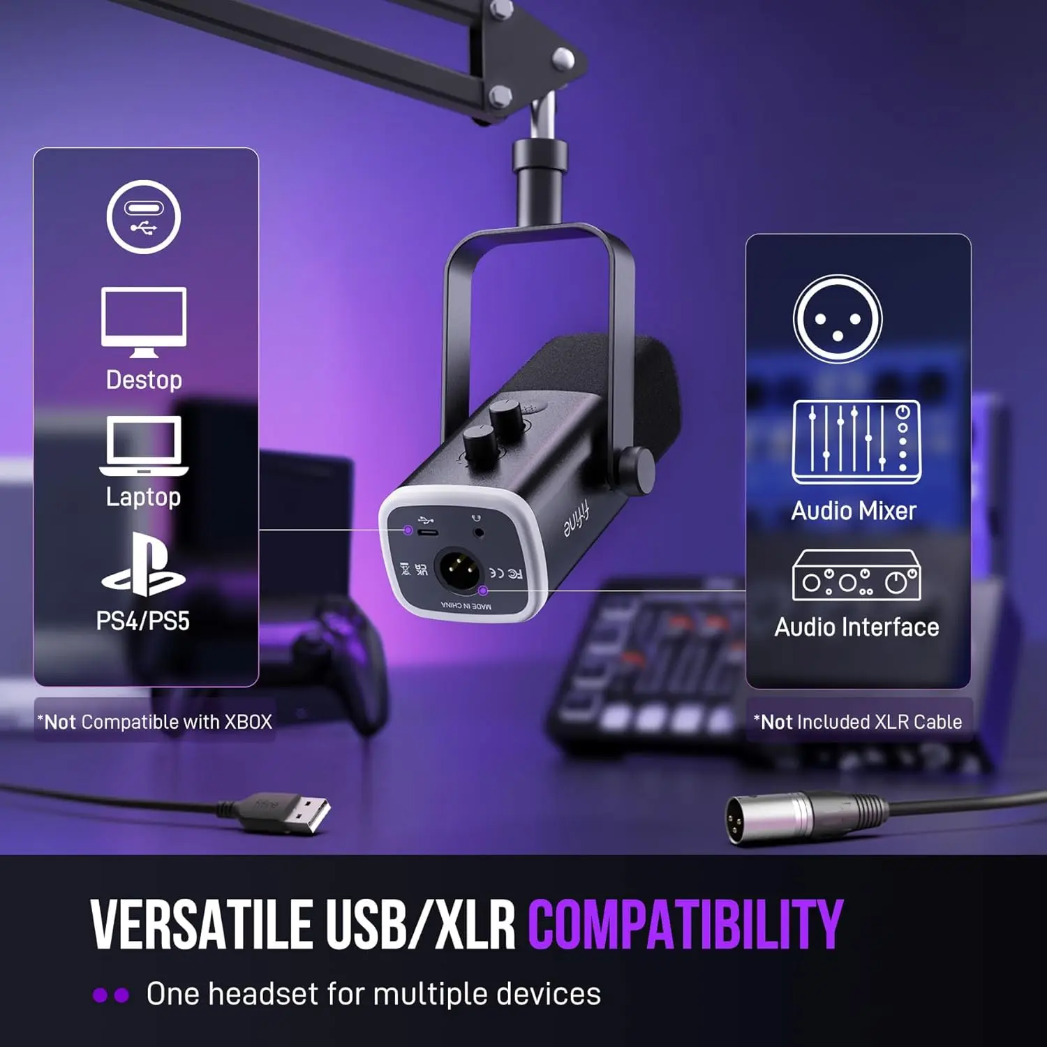 FIFINE XLR/USB Gaming Microphone Set, Dynamic PC Mic for Streaming Podcasting, Computer RGB Mic Kit with Boom Arm Stand, Mute Button, Headphones Jack, for Recording Vocal Voice-Over-AmpliGame AM8T image 7